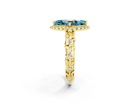 Yellow gold Marquise Cut Halo Diamond Solitaire with Filigree Band and Four-Prong Setting_2