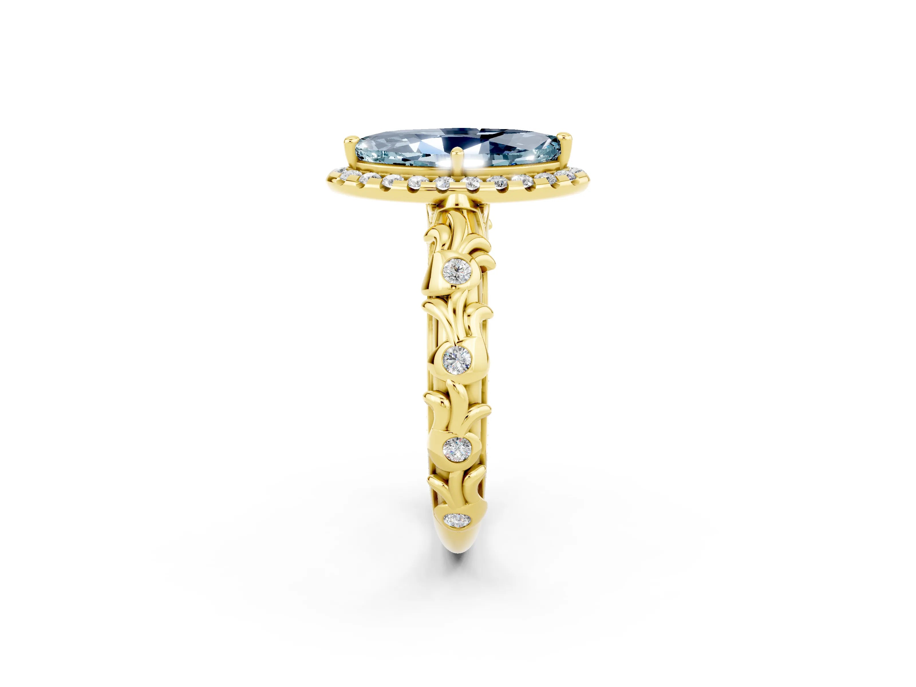 Yellow gold Marquise Cut Halo Diamond Solitaire with Filigree Band and Four-Prong Setting_2