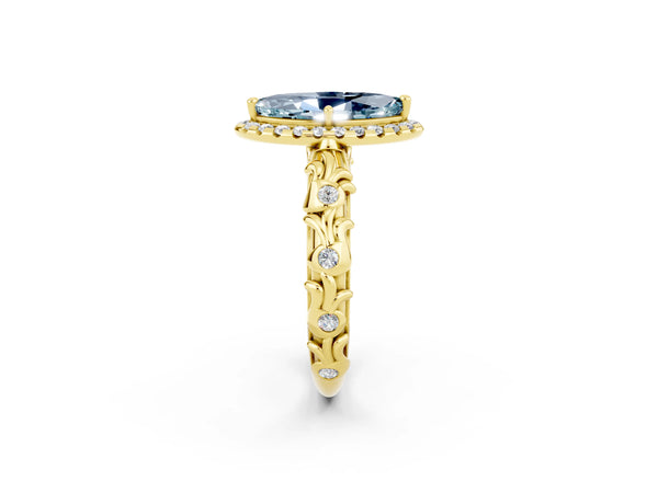 Yellow gold Marquise Cut Aquamarine Halo Ring with Filigree Band and Prong Setting