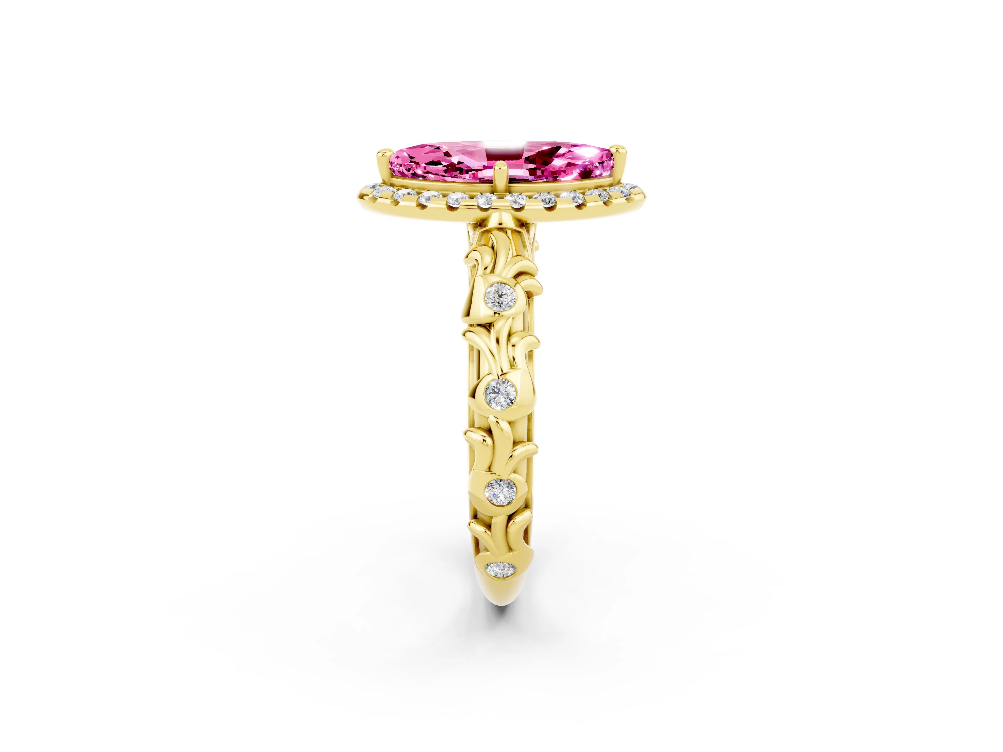 Yellow gold Marquise Cut Halo Diamond Solitaire with Filigree Band and Four-Prong Setting_2