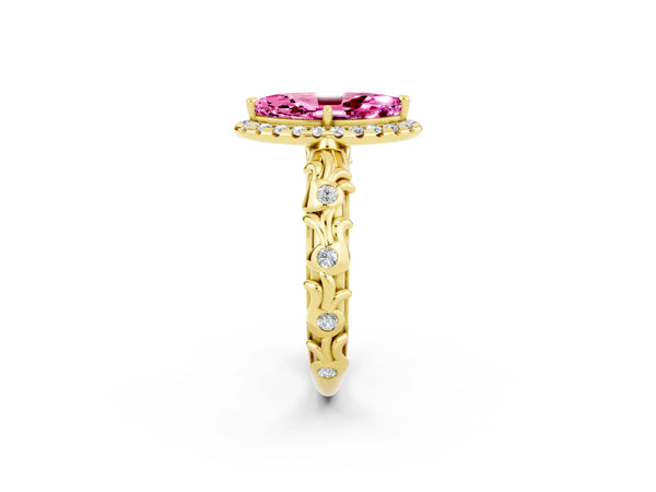 Yellow gold Marquise Cut Pink Sapphire Halo Ring with Filigree Band and Prong Setting