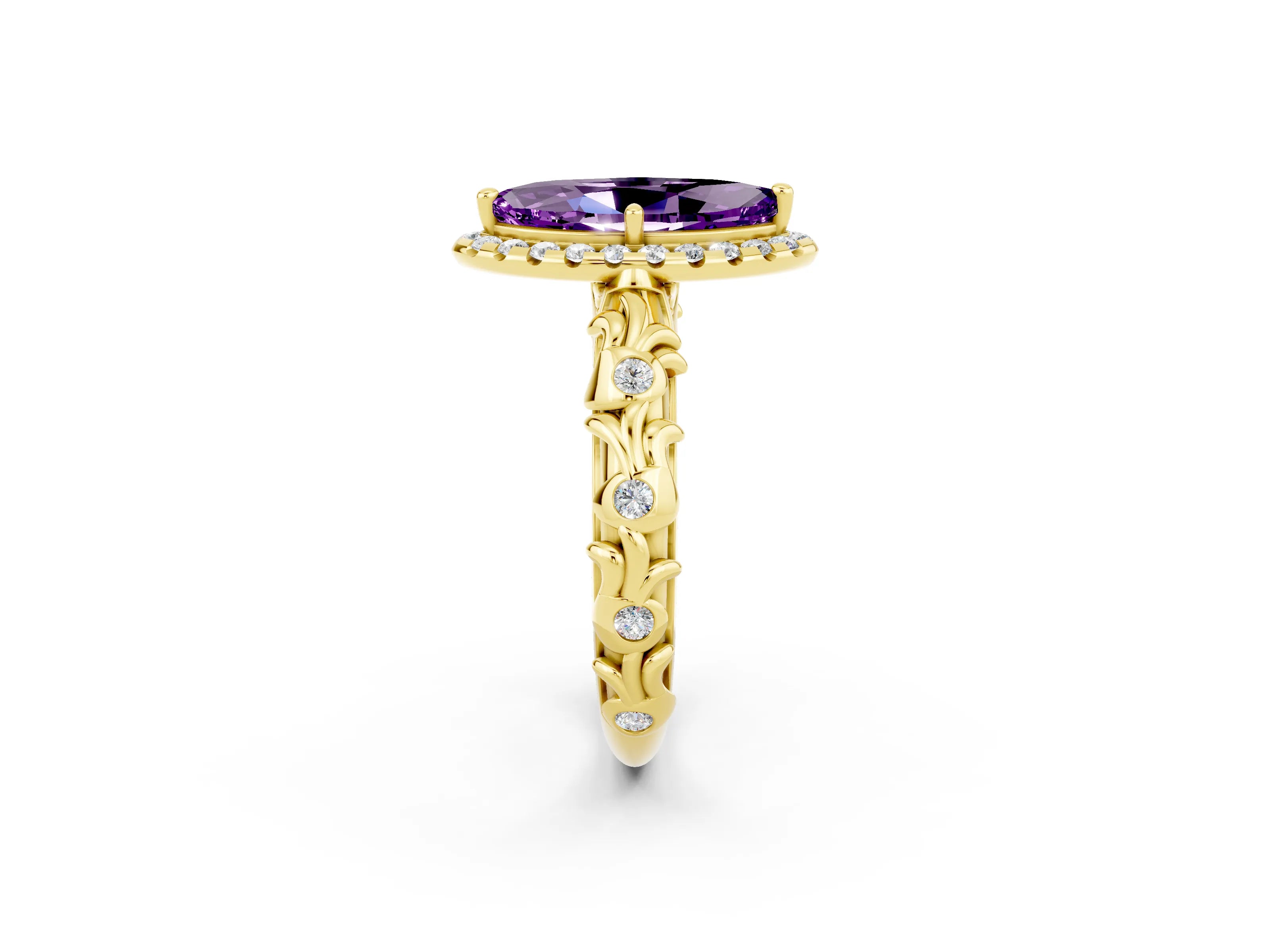 Yellow gold Marquise Cut Halo Diamond Solitaire with Filigree Band and Four-Prong Setting_2