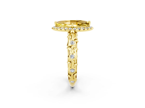Yellow gold Marquise Cut Yellow Sapphire Halo Ring with Filigree Band and Prong Setting