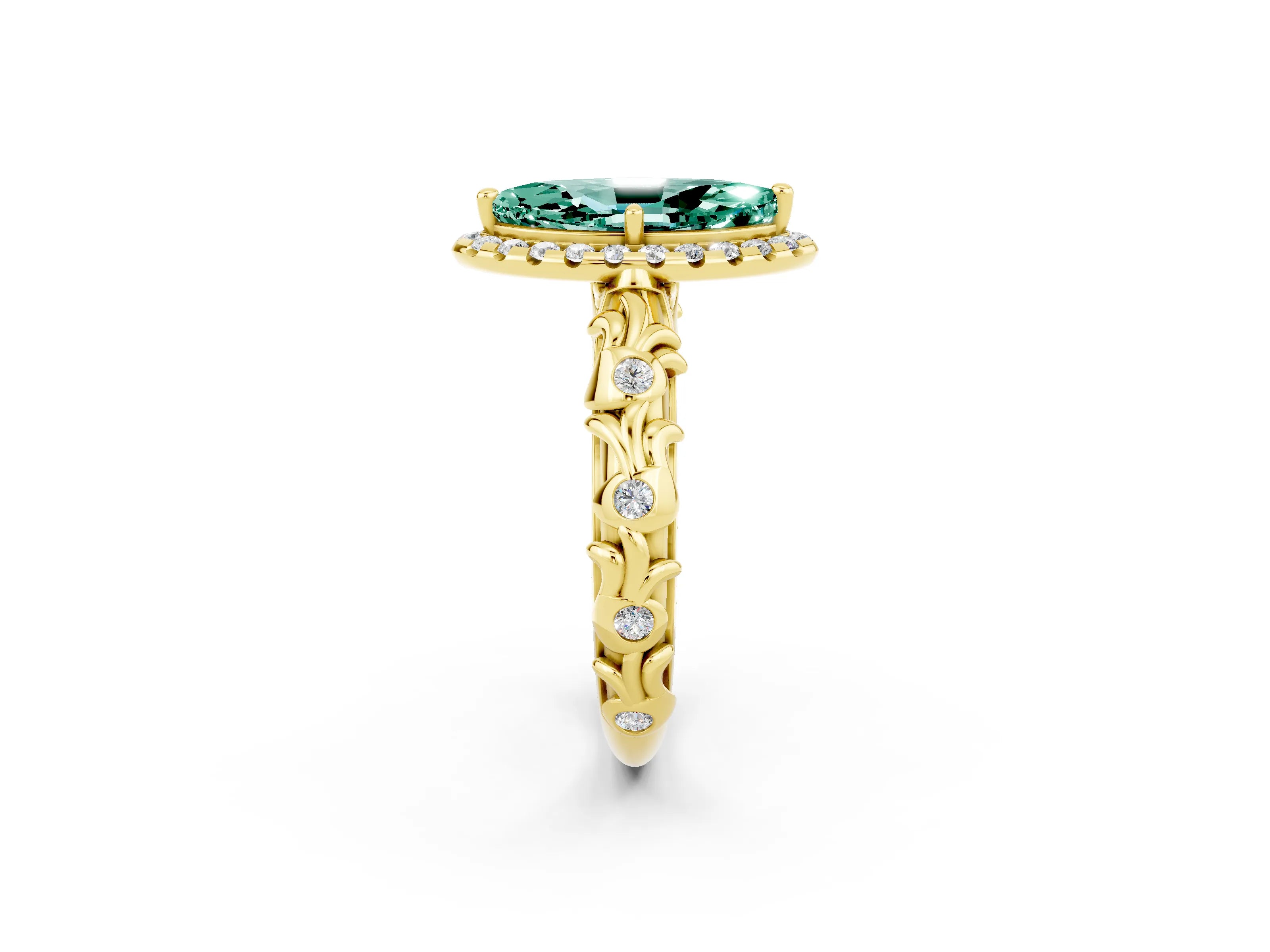 Yellow gold Marquise Cut Halo Diamond Solitaire with Filigree Band and Four-Prong Setting_2