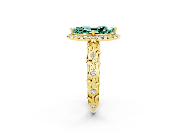 Yellow gold Marquise Cut Green Sapphire Halo Ring with Filigree Band and Prong Setting