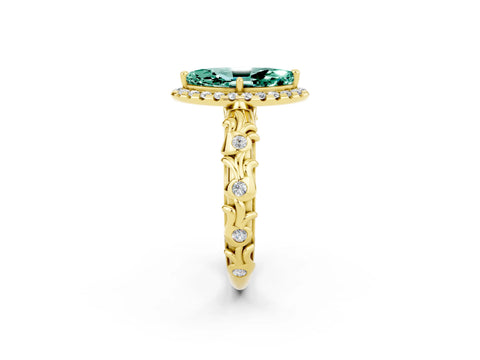 Yellow gold Marquise Cut Halo Diamond Solitaire with Filigree Band and Four-Prong Setting_2