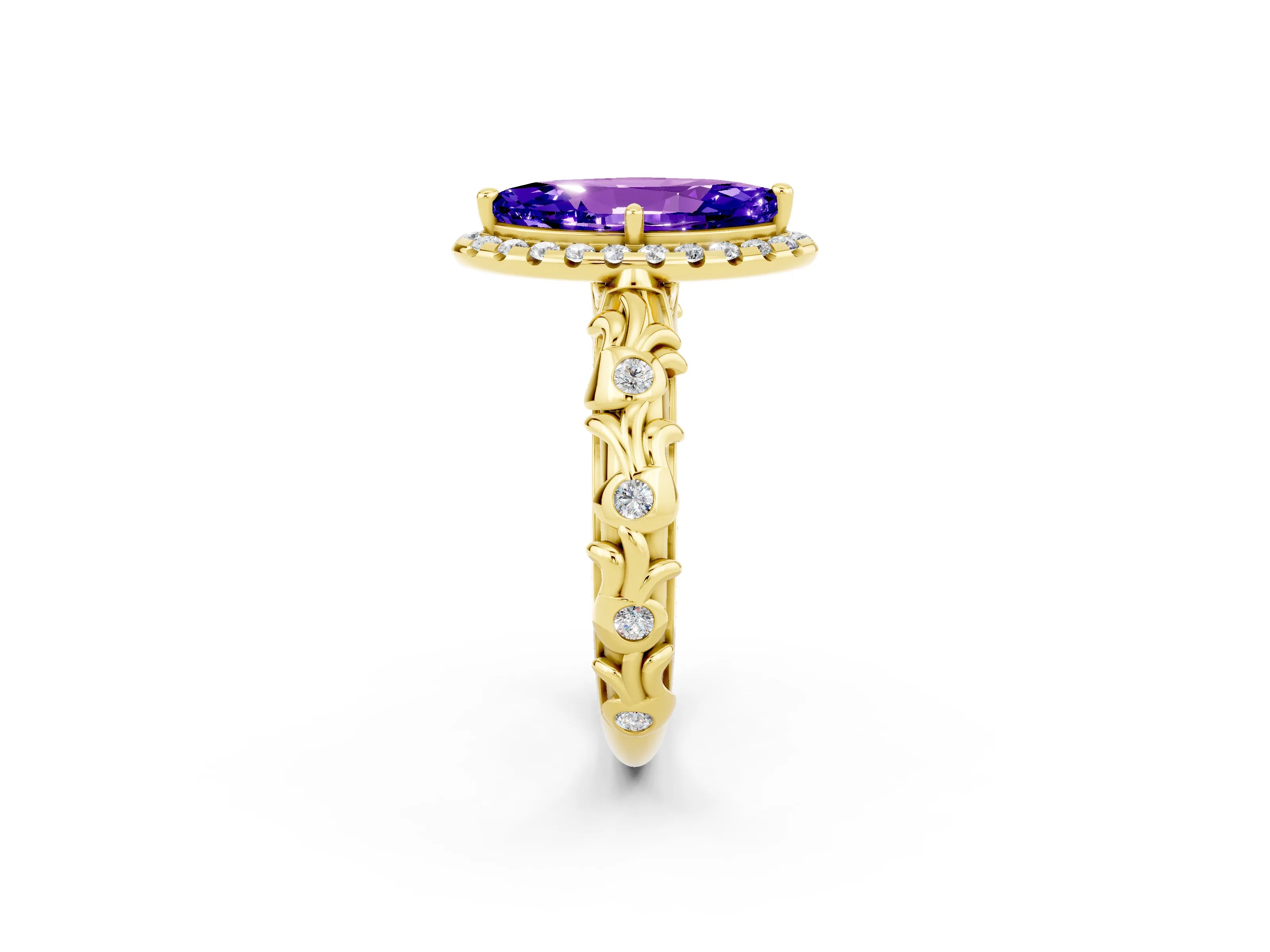 Yellow gold Marquise Cut Halo Diamond Solitaire with Filigree Band and Four-Prong Setting_2