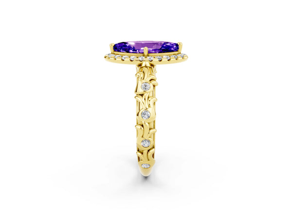 Yellow gold Marquise Cut Tanzanite Halo Ring with Filigree Band and Prong Setting
