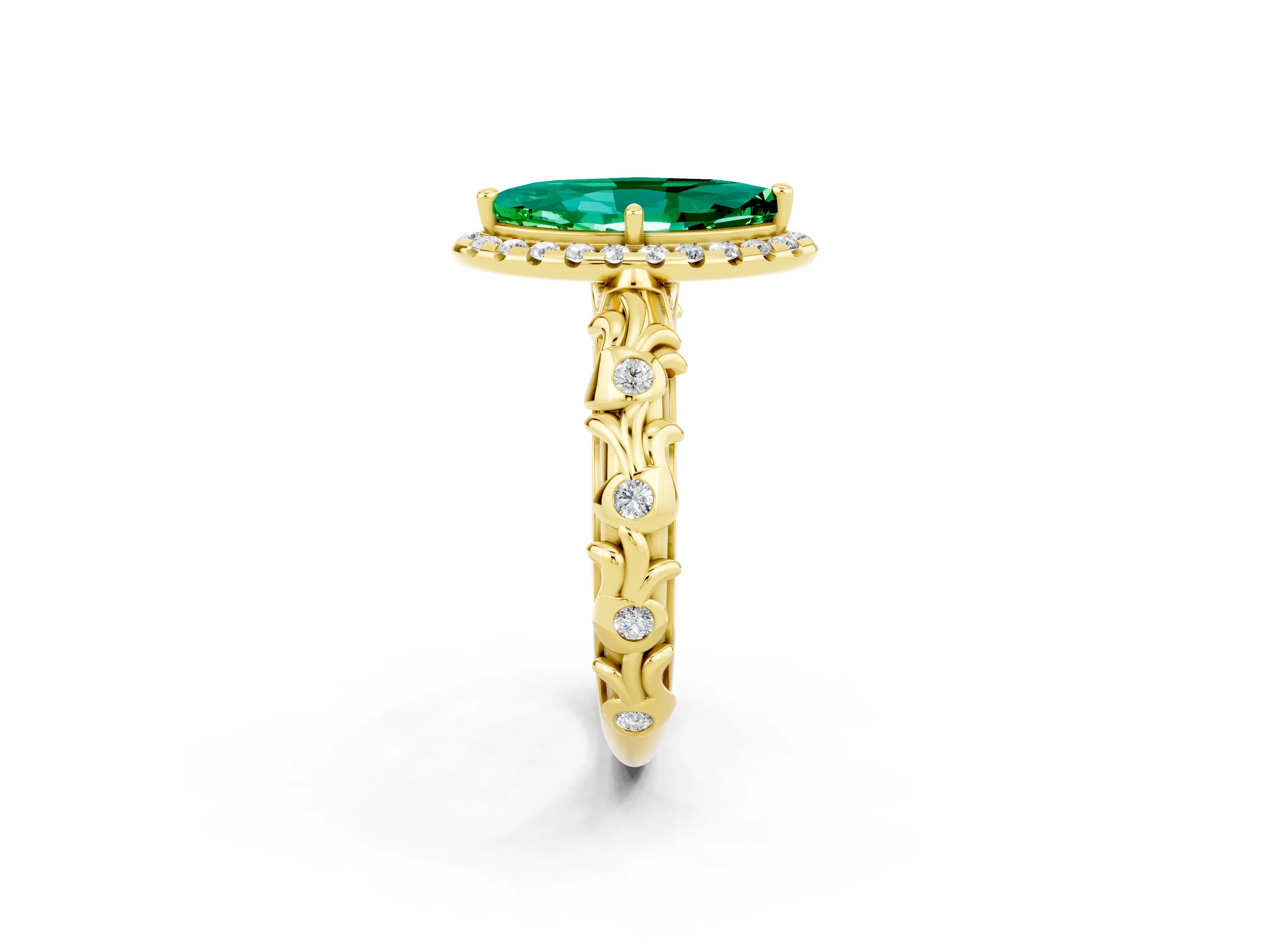 Yellow gold Marquise Cut Halo Diamond Solitaire with Filigree Band and Four-Prong Setting_2