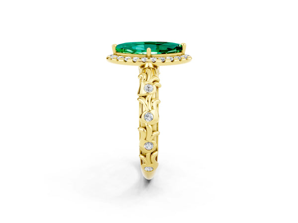 Yellow gold Marquise Cut Emerald Halo Ring with Filigree Band and Prong Setting