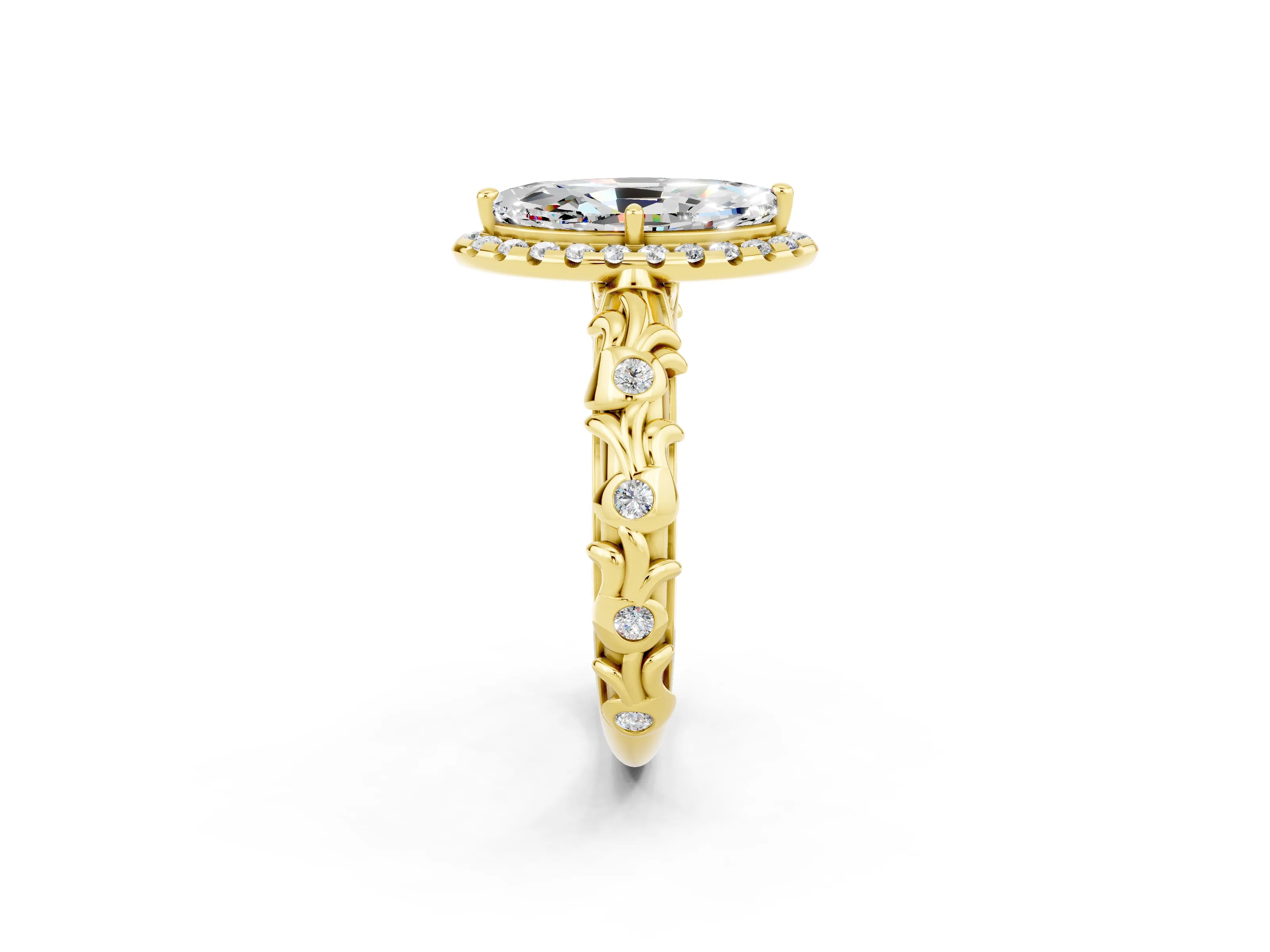 Yellow gold Marquise Cut Halo Diamond Solitaire with Filigree Band and Four-Prong Setting_2