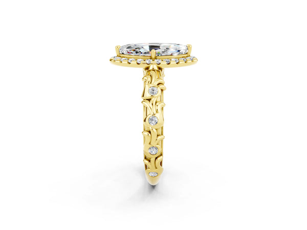 Yellow gold Marquise Cut Moissanite Halo Ring with Filigree Band and Prong Setting