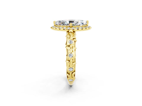 Yellow gold Marquise Cut Halo Diamond Solitaire with Filigree Band and Four-Prong Setting_2