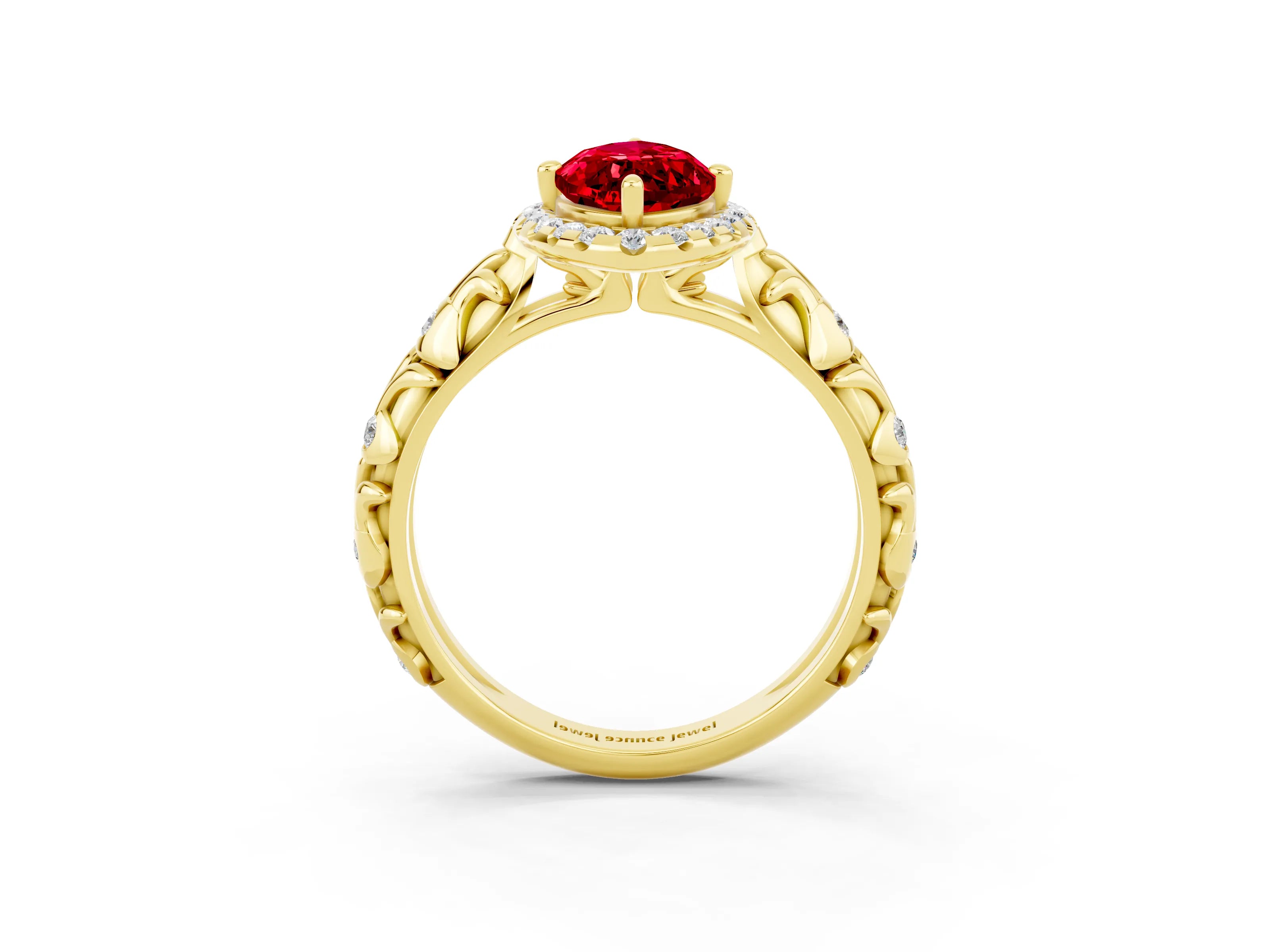 Yellow gold Marquise Cut Halo Diamond Solitaire with Filigree Band and Four-Prong Setting_3