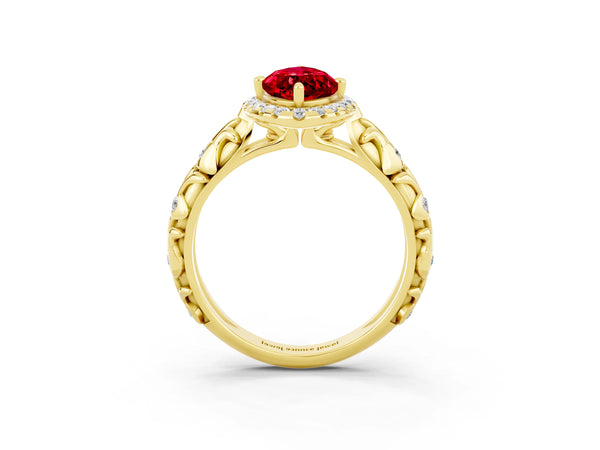 Yellow gold Marquise Cut Ruby Halo Ring with Filigree Band and Prong Setting