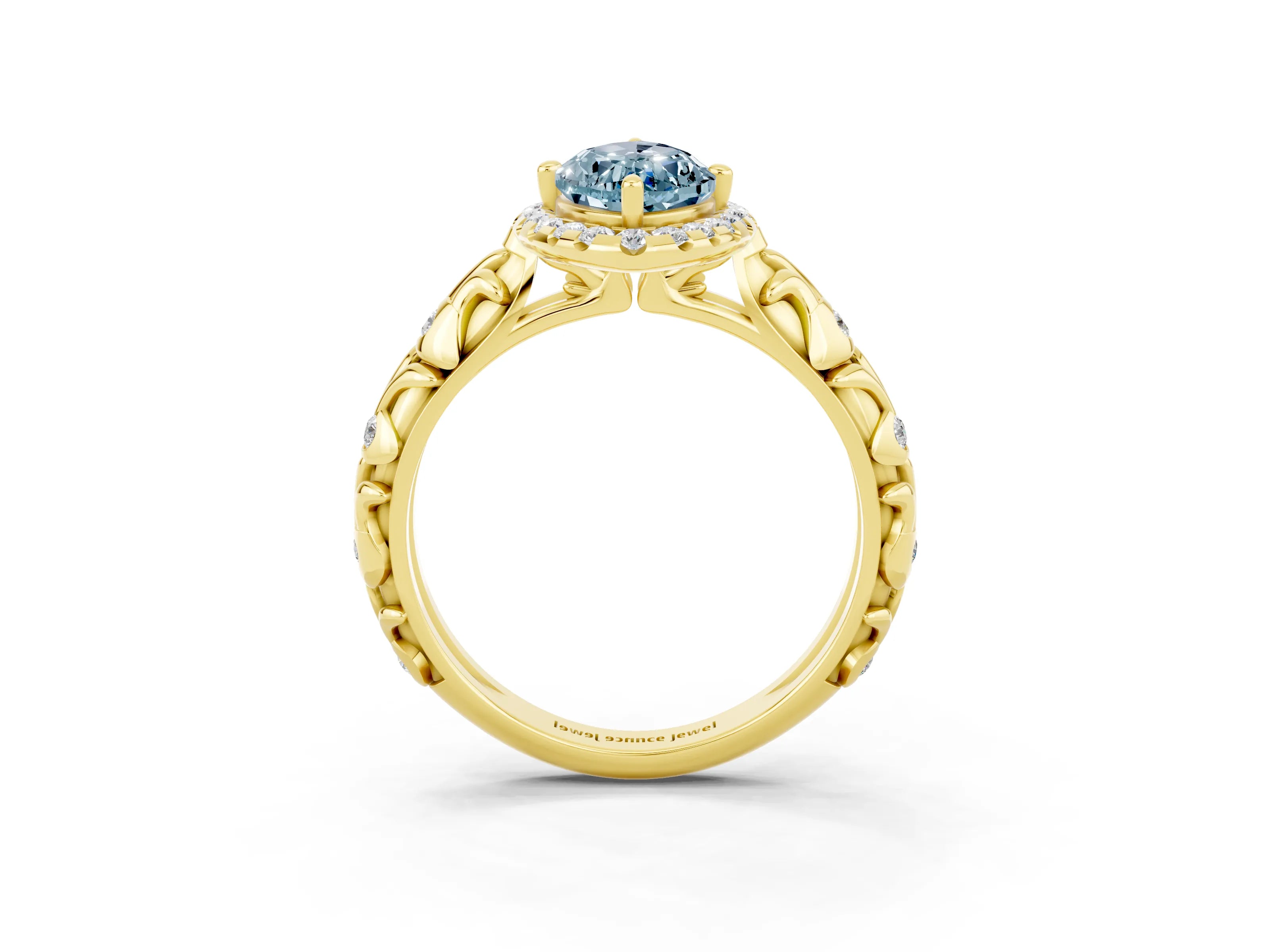 Yellow gold Marquise Cut Halo Diamond Solitaire with Filigree Band and Four-Prong Setting_3