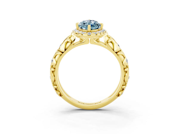 Yellow gold Marquise Cut Aquamarine Halo Ring with Filigree Band and Prong Setting