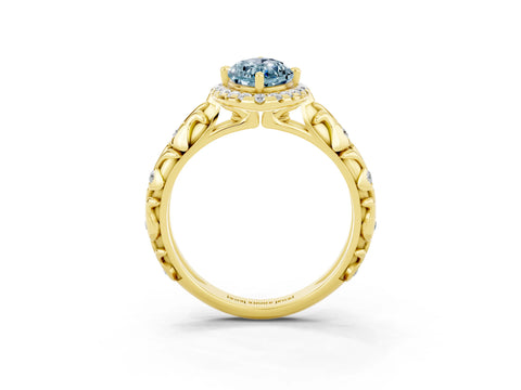 Yellow gold Marquise Cut Halo Diamond Solitaire with Filigree Band and Four-Prong Setting_3