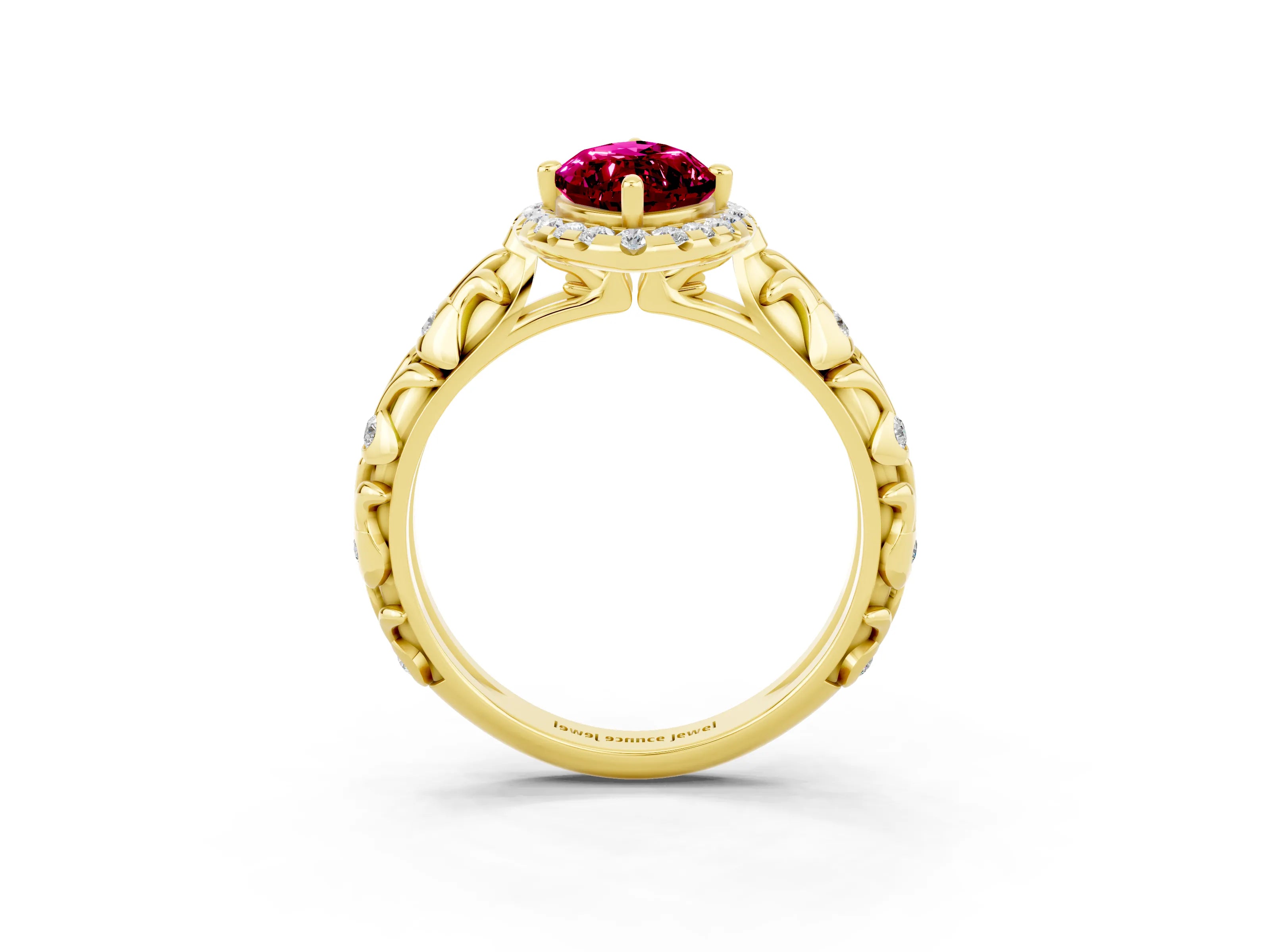 Yellow gold Marquise Cut Halo Diamond Solitaire with Filigree Band and Four-Prong Setting_3