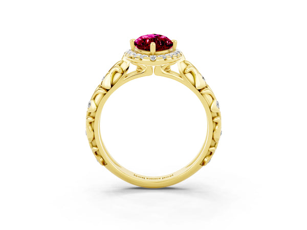 Yellow gold Marquise Cut Garnet Halo Ring with Filigree Band and Prong Setting