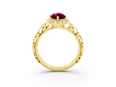 Yellow gold Marquise Cut Halo Diamond Solitaire with Filigree Band and Four-Prong Setting_3