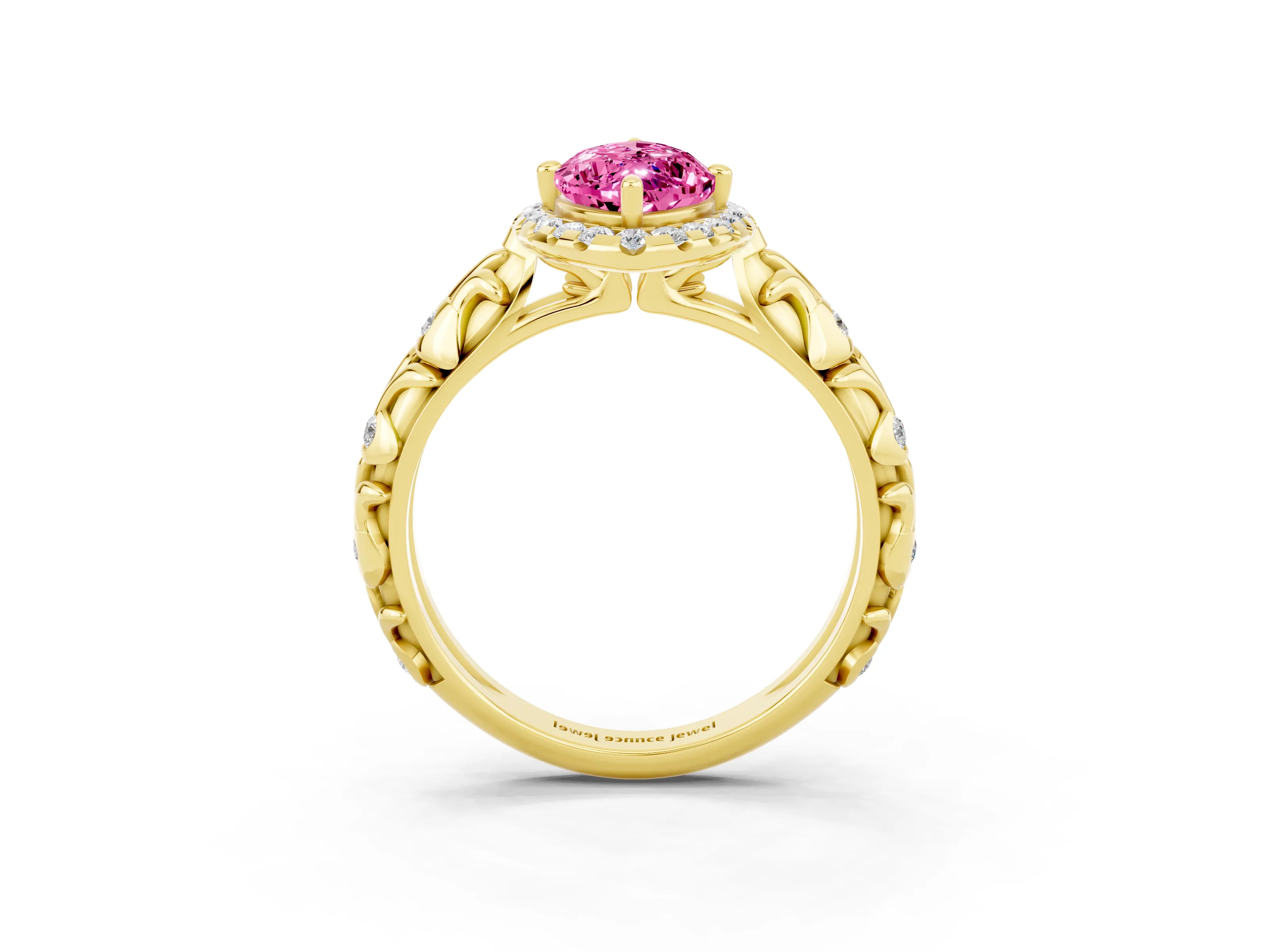 Yellow gold Marquise Cut Halo Diamond Solitaire with Filigree Band and Four-Prong Setting_3