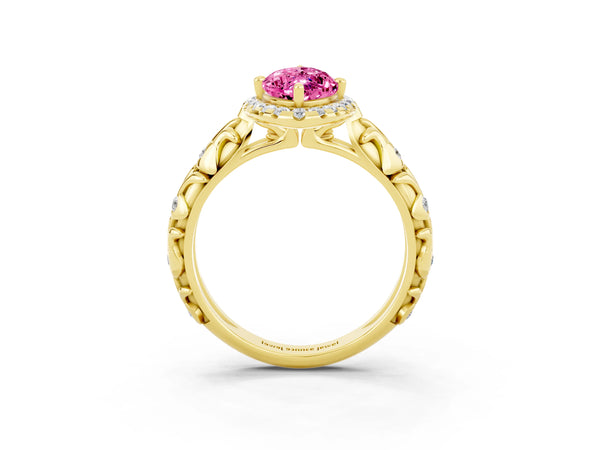 Yellow gold Marquise Cut Pink Sapphire Halo Ring with Filigree Band and Prong Setting