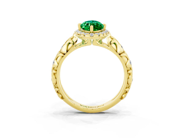 Yellow gold Marquise Cut Emerald Halo Ring with Filigree Band and Prong Setting
