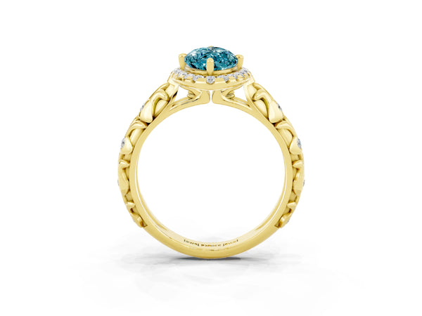 Yellow gold Marquise Cut Halo Diamond Solitaire with Filigree Band and Four-Prong Setting