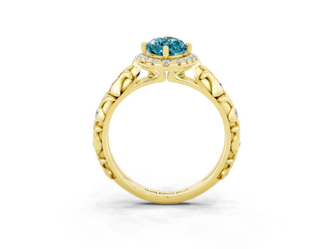 Yellow gold Marquise Cut Halo Diamond Solitaire with Filigree Band and Four-Prong Setting_3
