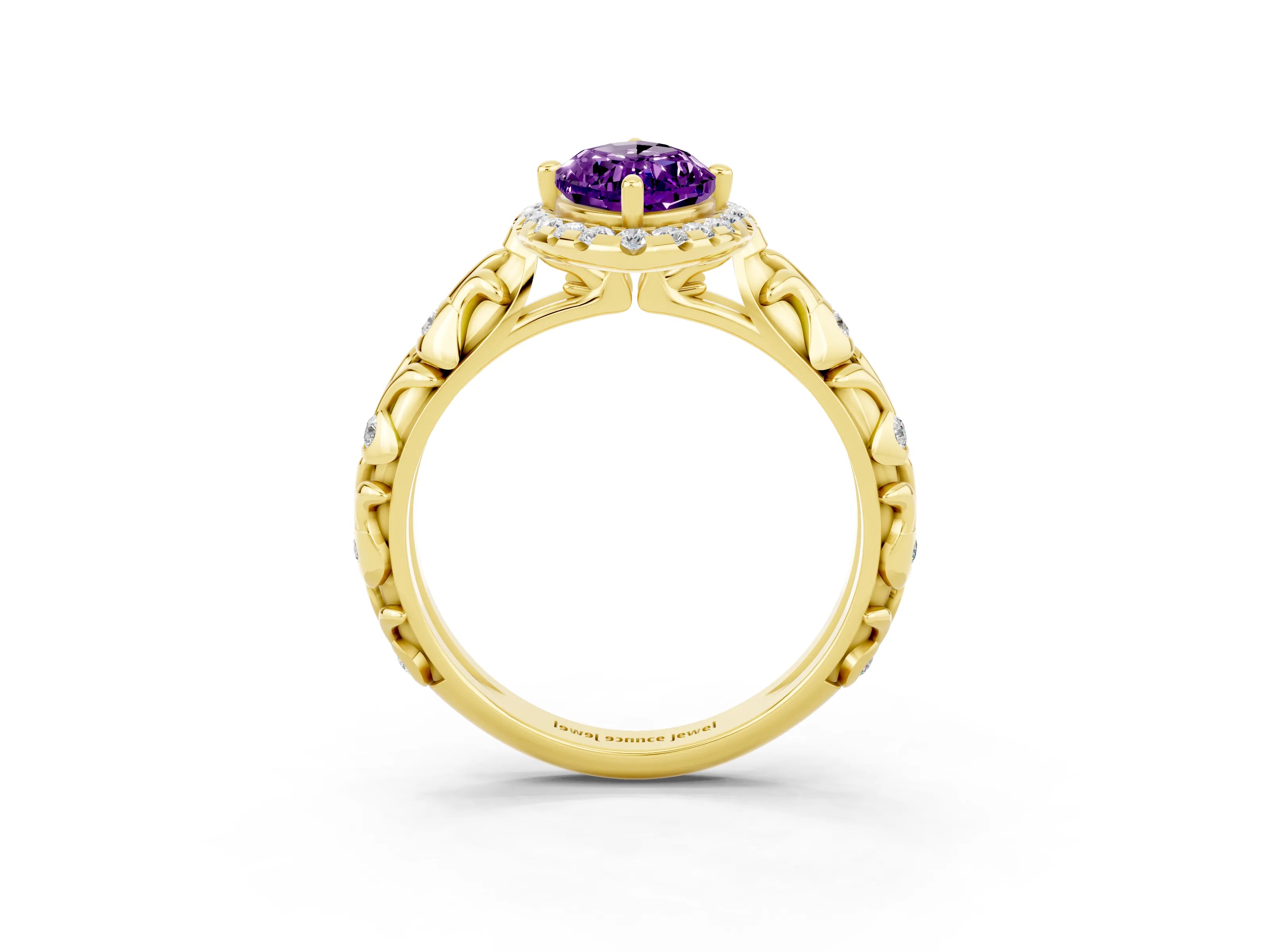Yellow gold Marquise Cut Halo Diamond Solitaire with Filigree Band and Four-Prong Setting_3