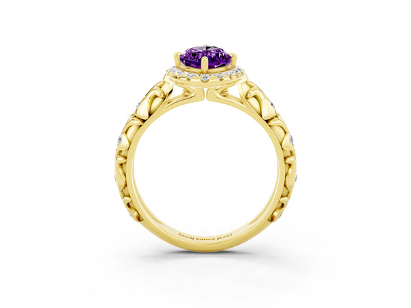 Yellow gold Marquise Cut Amethyst Halo Ring with Filigree Band and Prong Setting