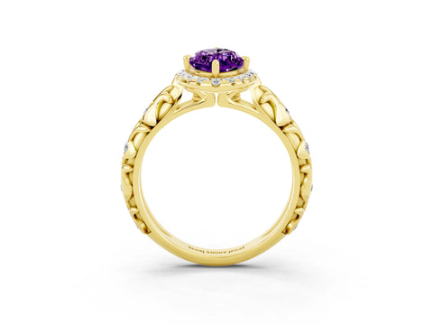 Yellow gold Marquise Cut Halo Diamond Solitaire with Filigree Band and Four-Prong Setting_3