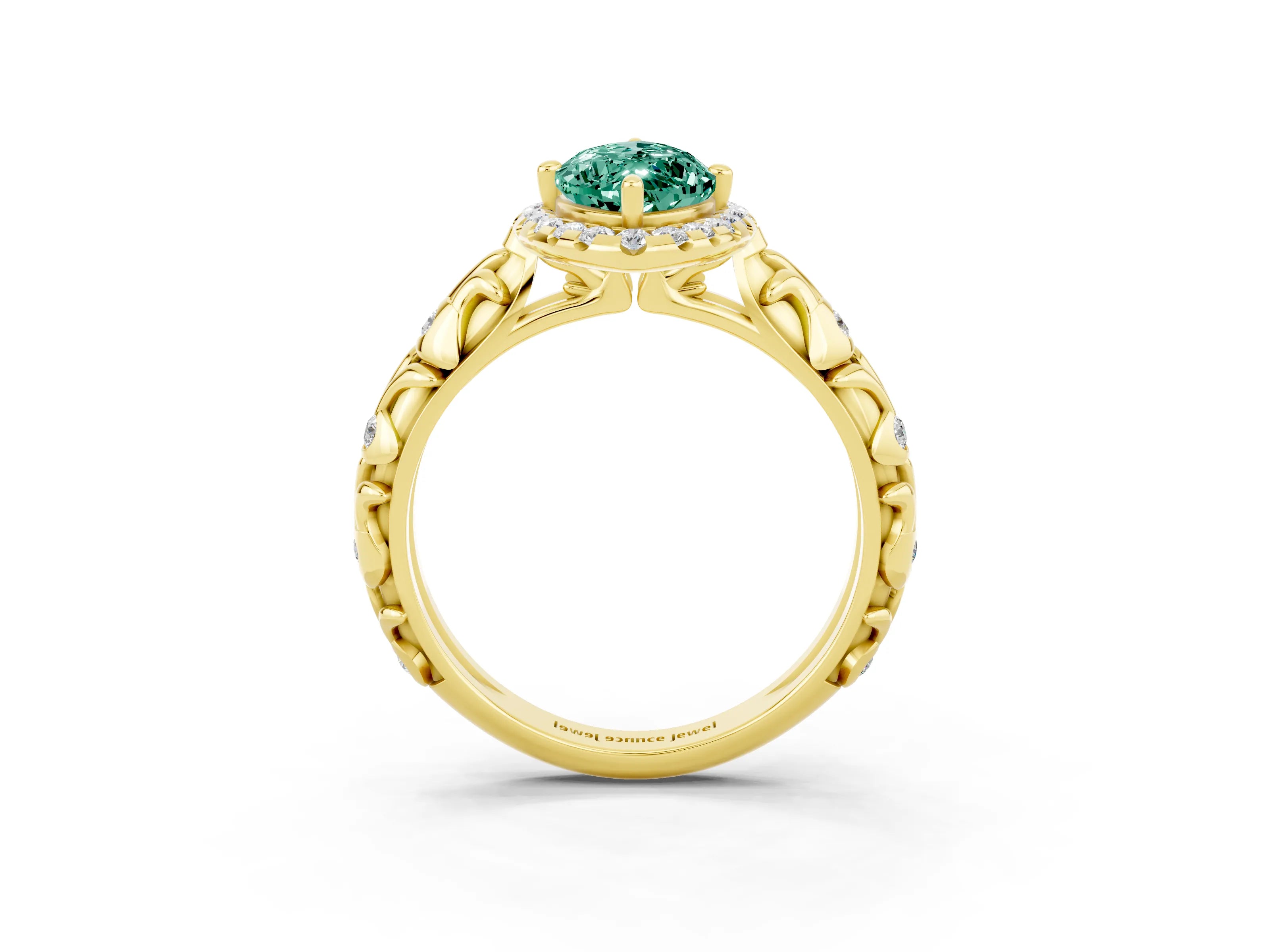 Yellow gold Marquise Cut Halo Diamond Solitaire with Filigree Band and Four-Prong Setting_3