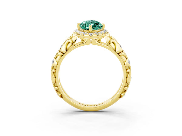 Yellow gold Marquise Cut Green Sapphire Halo Ring with Filigree Band and Prong Setting
