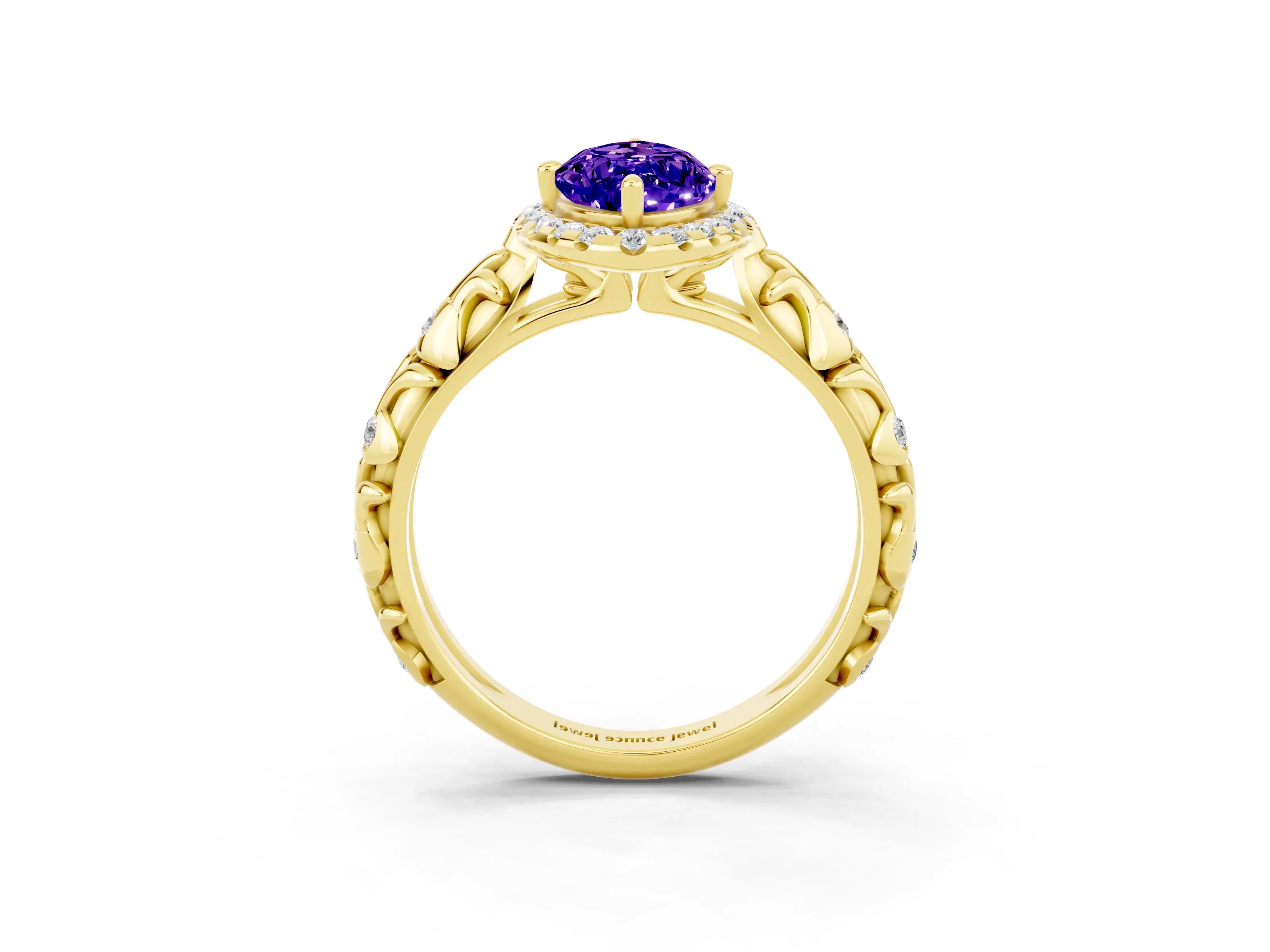 Yellow gold Marquise Cut Halo Diamond Solitaire with Filigree Band and Four-Prong Setting_3