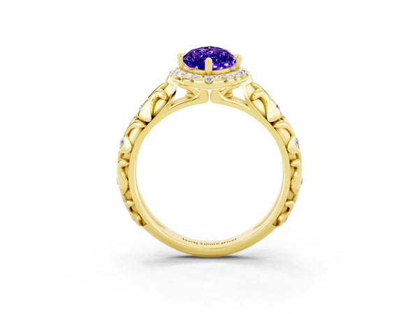 Yellow gold Marquise Cut Tanzanite Halo Ring with Filigree Band and Prong Setting
