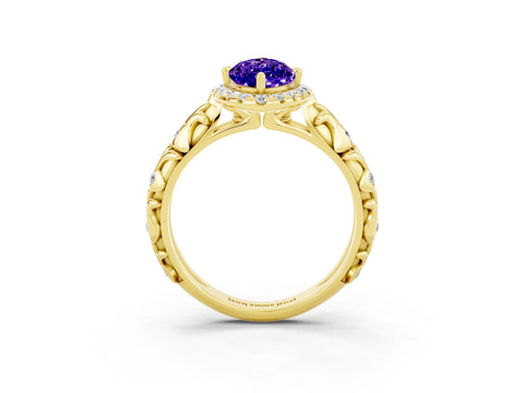 Yellow gold Marquise Cut Halo Diamond Solitaire with Filigree Band and Four-Prong Setting_3