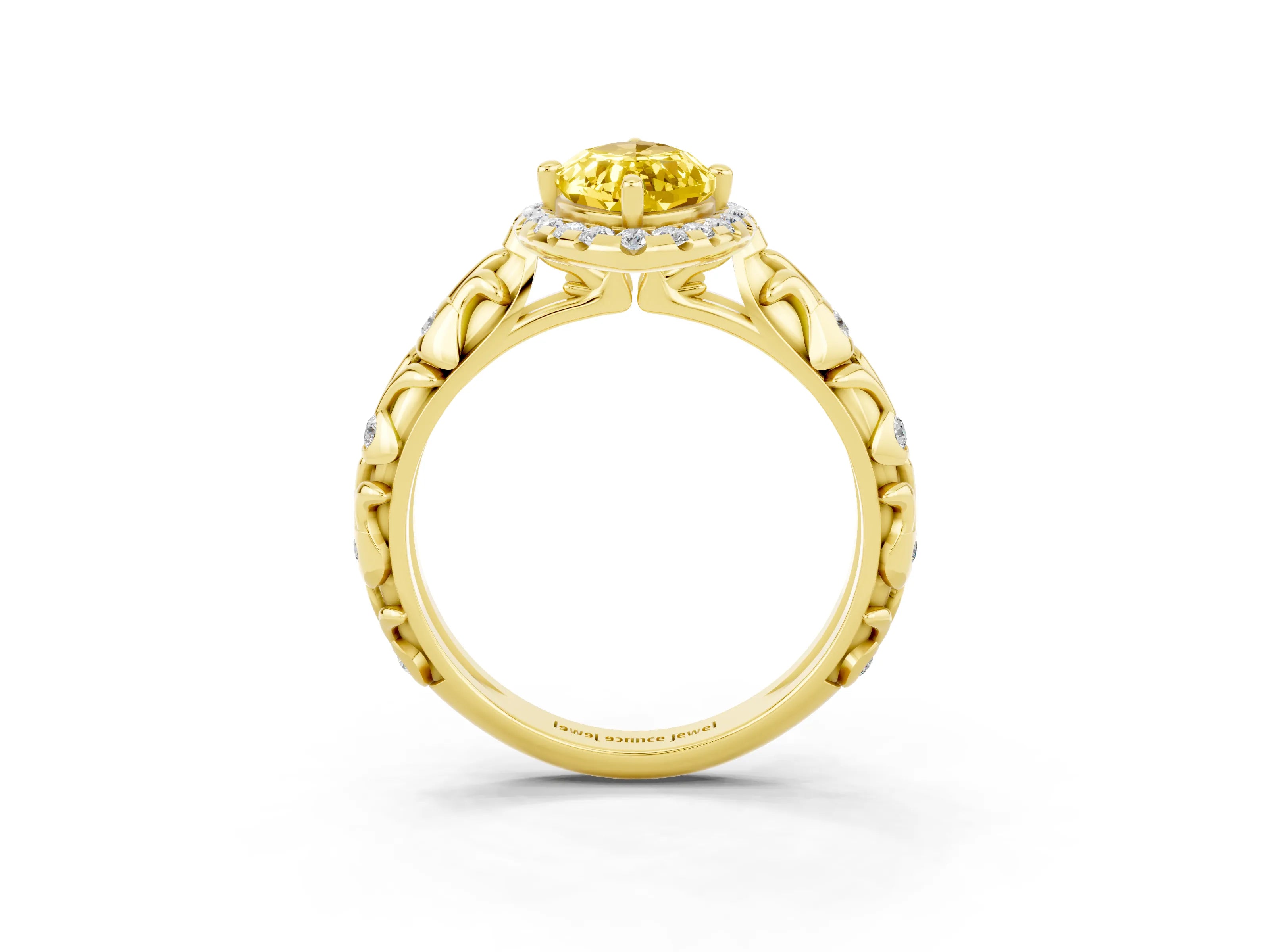 Yellow gold Marquise Cut Halo Diamond Solitaire with Filigree Band and Four-Prong Setting_3