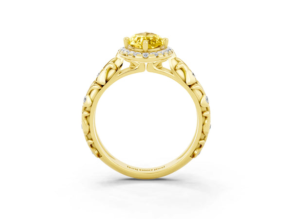 Yellow gold Marquise Cut Yellow Sapphire Halo Ring with Filigree Band and Prong Setting