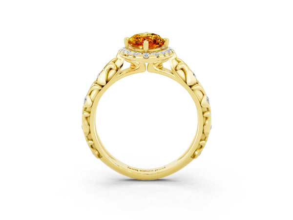 Yellow gold Marquise Cut Citrine Halo Ring with Filigree Band and Prong Setting