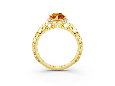 Yellow gold Marquise Cut Halo Diamond Solitaire with Filigree Band and Four-Prong Setting_3