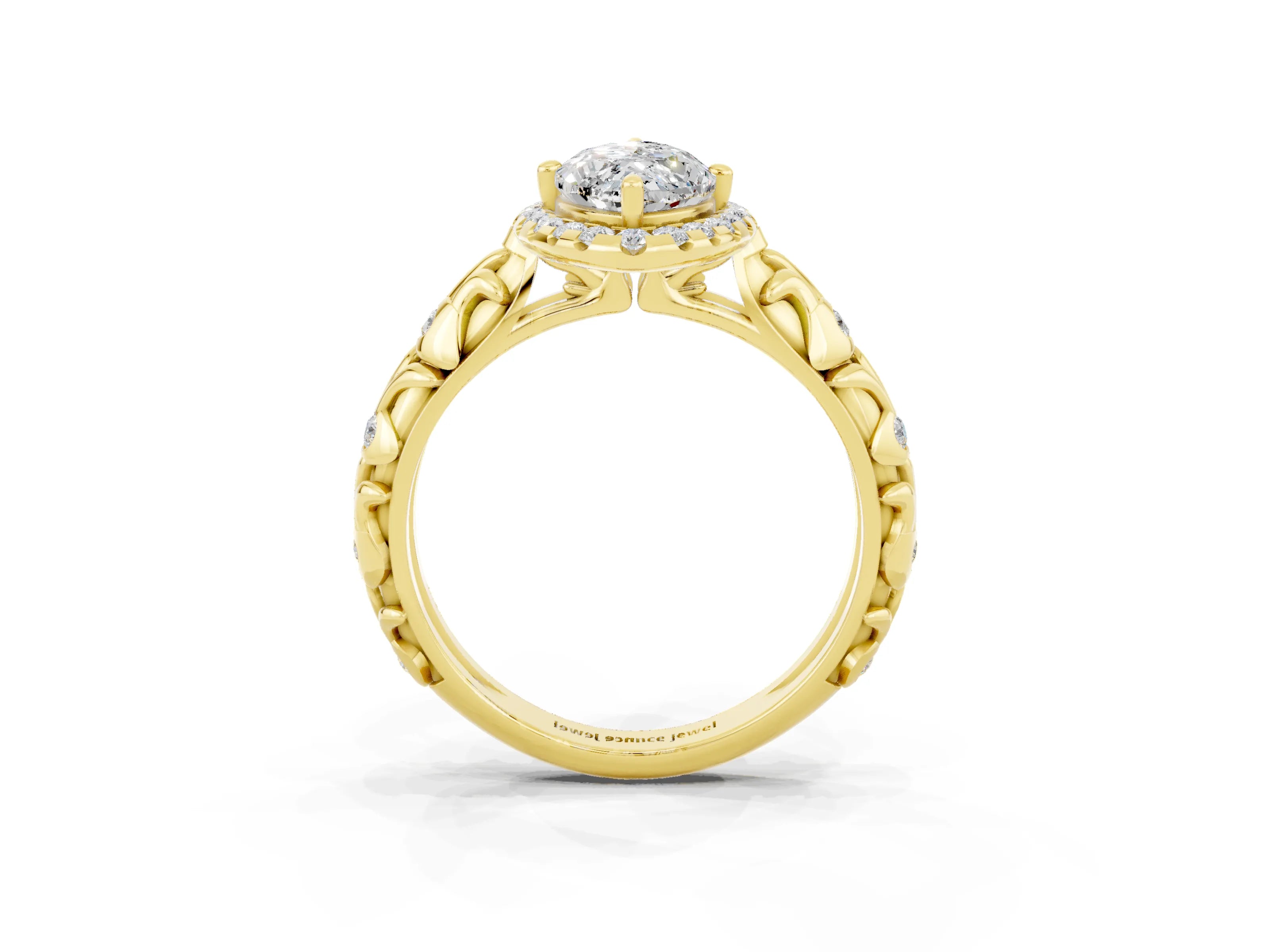 Yellow gold Marquise Cut Halo Diamond Solitaire with Filigree Band and Four-Prong Setting_3