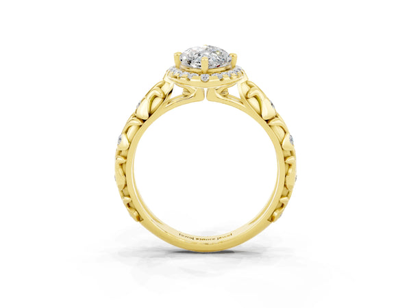 Yellow gold Marquise Cut Moissanite Halo Ring with Filigree Band and Prong Setting