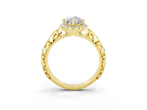 Yellow gold Marquise Cut Halo Diamond Solitaire with Filigree Band and Four-Prong Setting_3