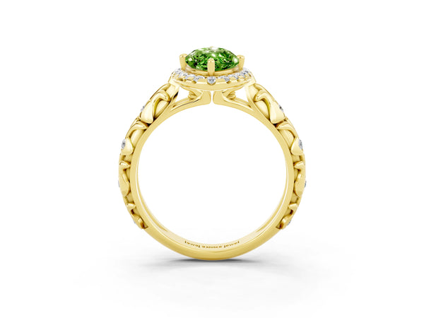 Yellow gold Marquise Cut Peridot Halo Ring with Filigree Band and Prong Setting