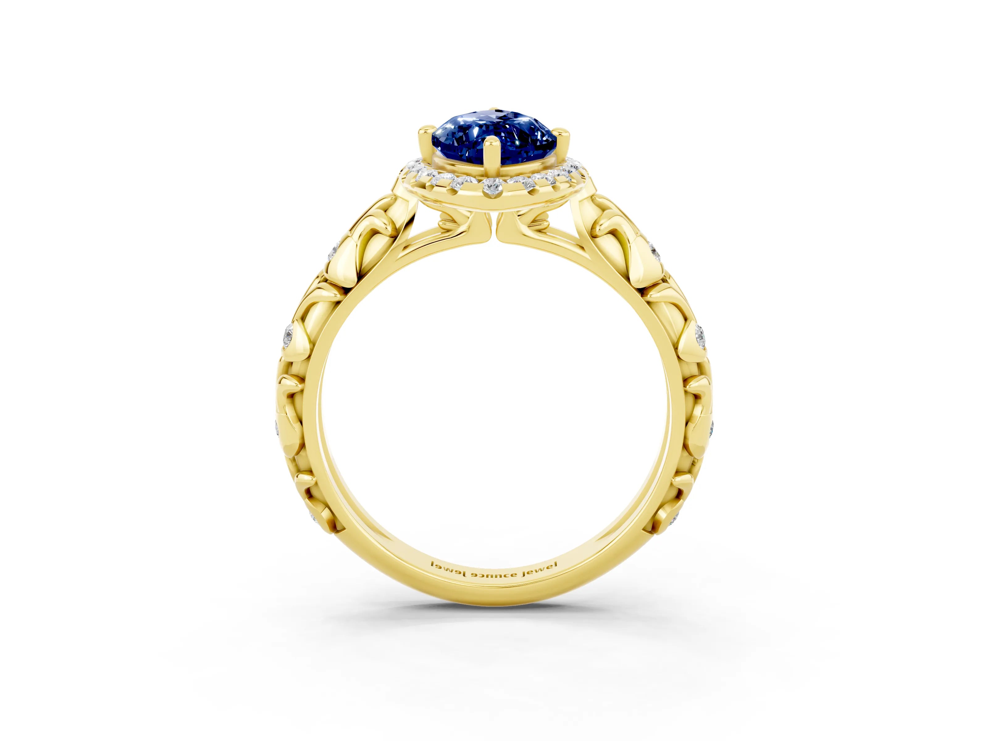 Yellow gold Marquise Cut Halo Diamond Solitaire with Filigree Band and Four-Prong Setting_3