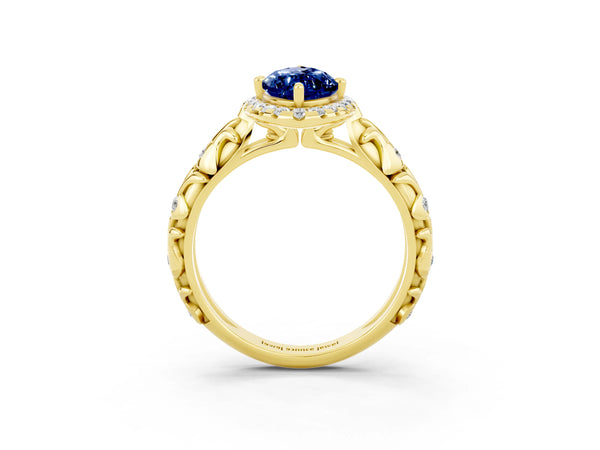 Yellow gold Marquise Cut Blue Sapphire Halo Ring with Filigree Band and Prong Setting