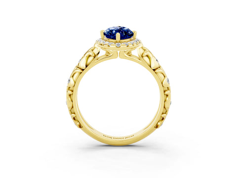 Yellow gold Marquise Cut Halo Diamond Solitaire with Filigree Band and Four-Prong Setting_3