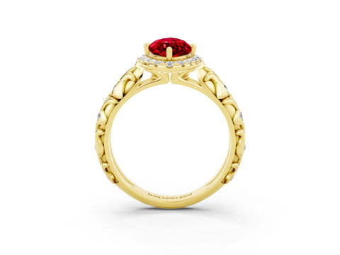 Yellow gold Marquise Cut Halo Diamond Solitaire with Filigree Band and Four-Prong Setting_3